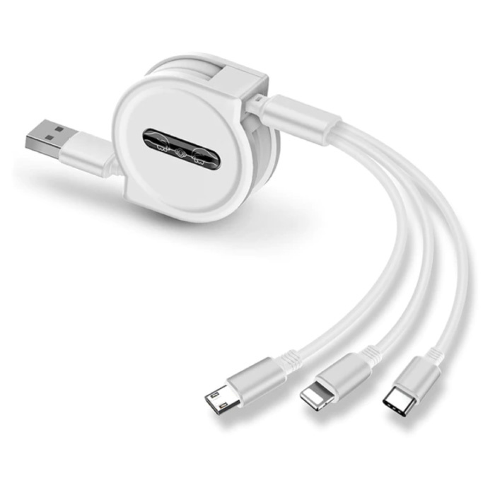 3 in 1 Retractable Charging Cable - iPhone Lightning / USB-C / Micro-USB - 1.2 Meter Charger Spiral Data Cable White