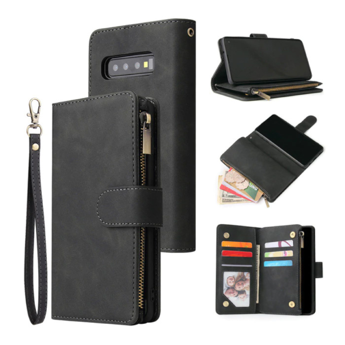 Samsung Galaxy S10 Plus - Leren Wallet Flip Case Cover Hoesje Portefeuille Zwart