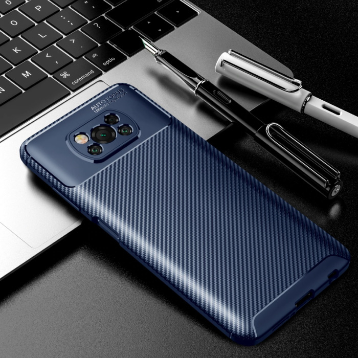 Auto Focus Xiaomi Mi Note 10 Case - Carbon Fiber Texture Stoßfeste Hülle Gummiabdeckung Blau