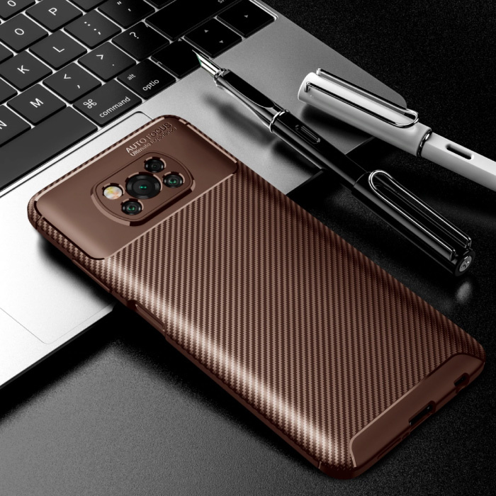 Auto Focus Xiaomi Redmi Note 9S Case - Carbon Fiber Texture Shockproof Case Rubber Cover Brown