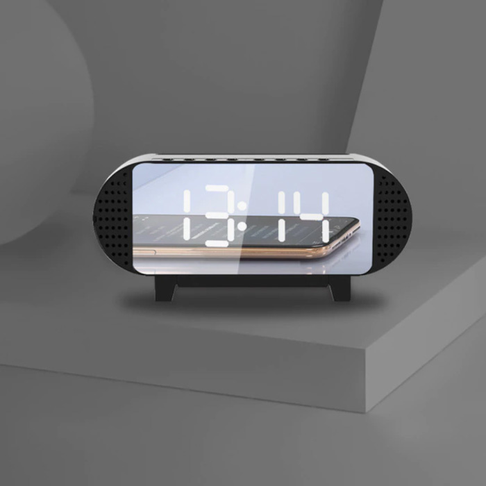 Reloj LED digital con altavoz - Reloj despertador Espejo Soporte para teléfono con alarma Posponer ajuste de brillo Negro