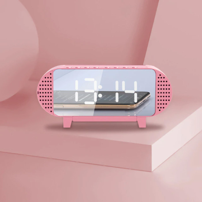 Digital LED Clock with Speaker - Alarm Clock Mirror Alarm Phone Holder Snooze Brightness Adjustment Pink