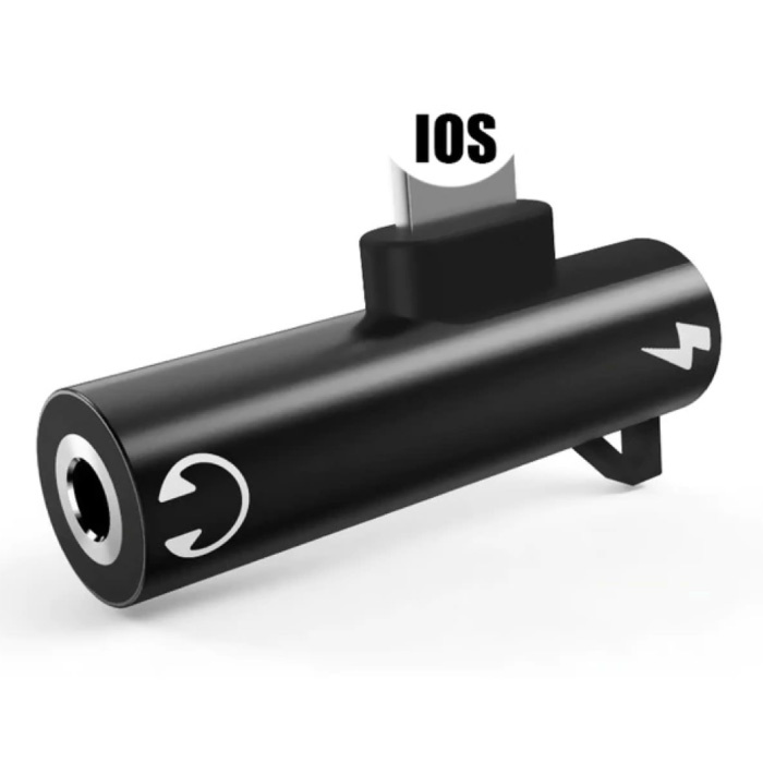 Cargador y divisor AUX para iPhone Lightning - Adaptador divisor de audio para auriculares Negro