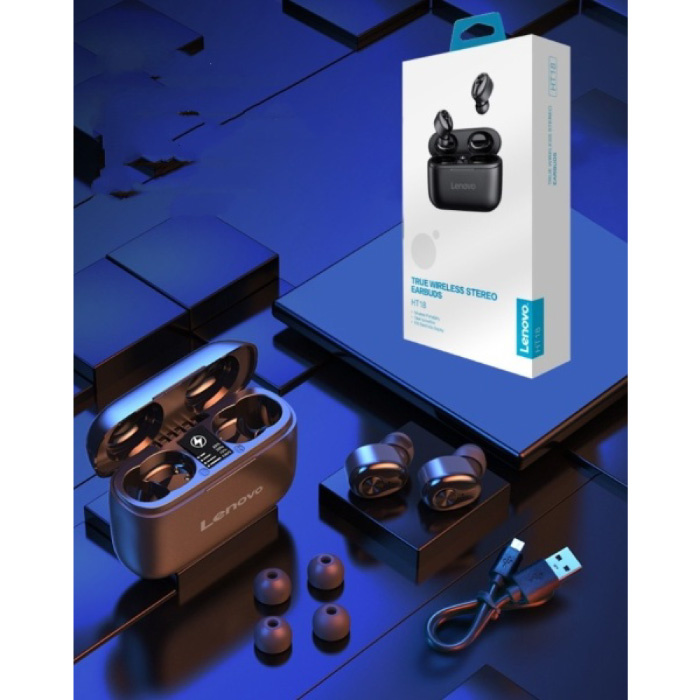 Lenovo Écouteurs sans fil HT18 avec pochette de rangement et microphone intégré - Écouteurs ANC à commande tactile Écouteurs TWS Bluetooth 5.0 Écouteurs noirs