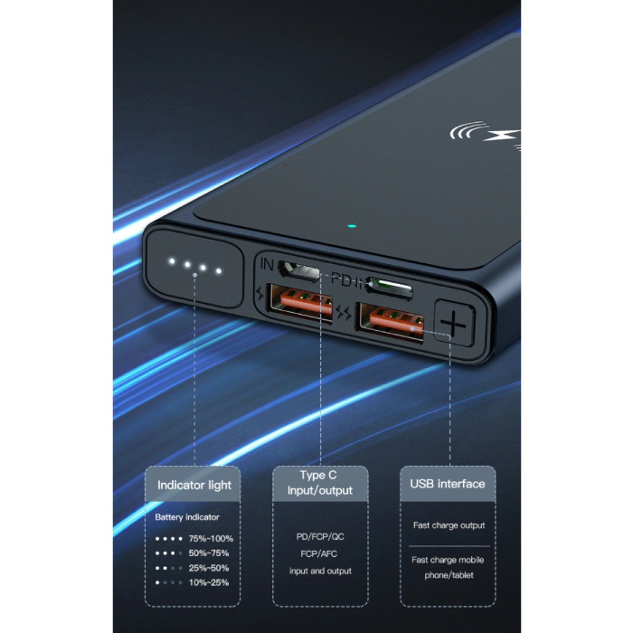 Kuulaa 10,000mAh Wireless Qi Charger + Powerbank Emergency Battery Battery Wireless Charger Pad Black