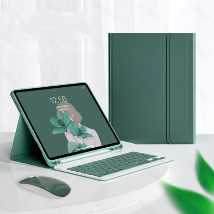 Cover per tastiera per iPad Air 4 (10,9 ") con mouse wireless - Custodia per tastiera QWERTY multifunzione Bluetooth Smart Cover verde