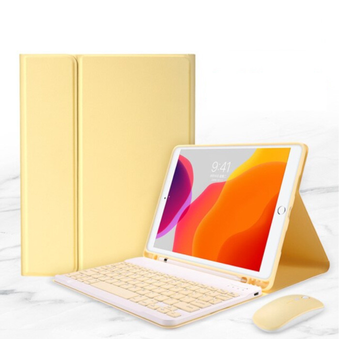 ABEIFAN Nakładka na klawiaturę do iPada Air 3 (10,5 cala) z myszą bezprzewodową - Klawiatura wielofunkcyjna QWERTY Etui z etui Bluetooth Smart Cover Żółte