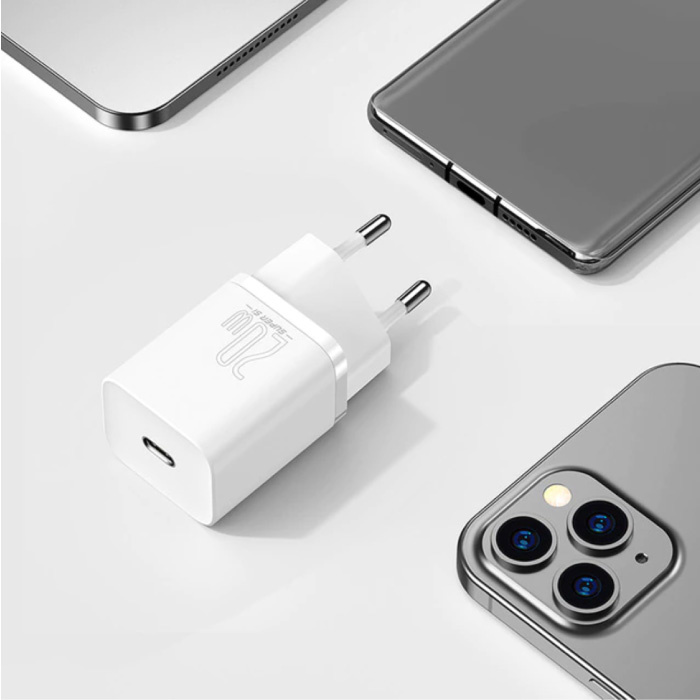 Baseus Cargador Super Si 20W PD USB-C - Suministro de energía Carga rápida USB - Cargador de enchufe de pared Cargador de pared Adaptador de cargador doméstico de CA Blanco