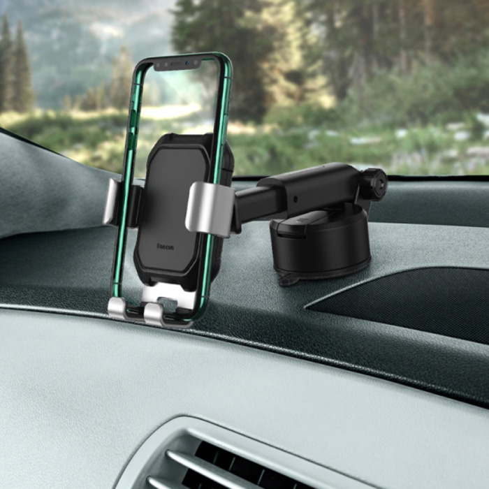 Uniwersalny uchwyt samochodowy na telefon ze stojakiem na deskę rozdzielczą - uchwyt na smartfon Gravity w kolorze srebrnym