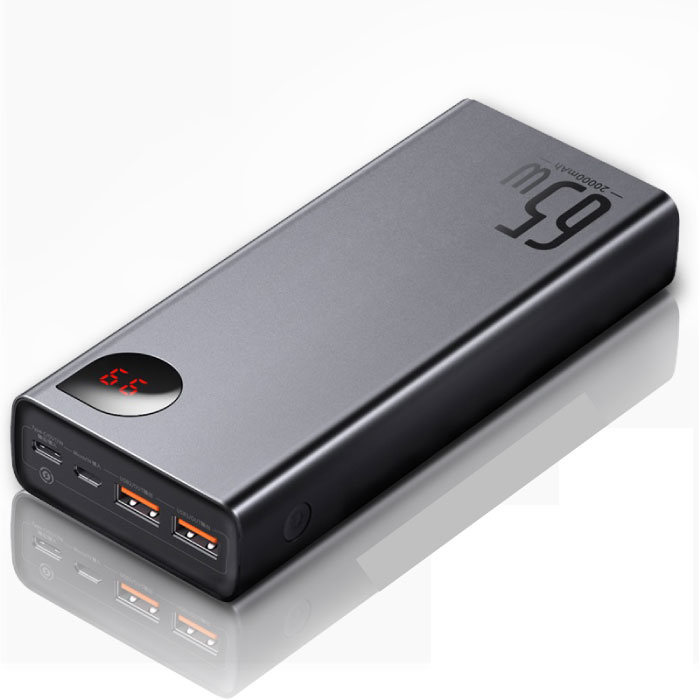 Power Bank 65W z portem PD 20 000 mAh z 5 portami USB - Wyświetlacz LED Zewnętrzna ładowarka awaryjna Ładowarka baterii Czarna
