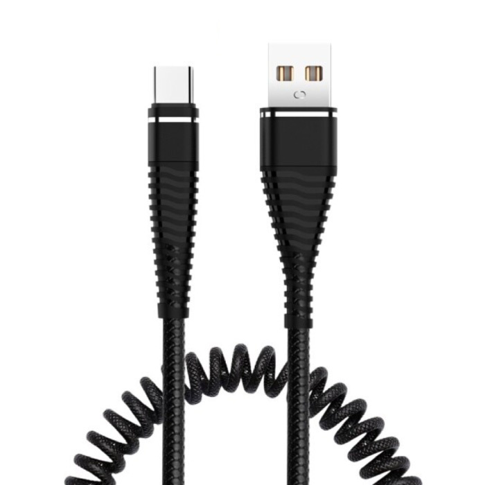 Câble de charge courbé USB-C - Câble de données à ressort en spirale 2A Câble de chargeur de 1,2 mètre noir