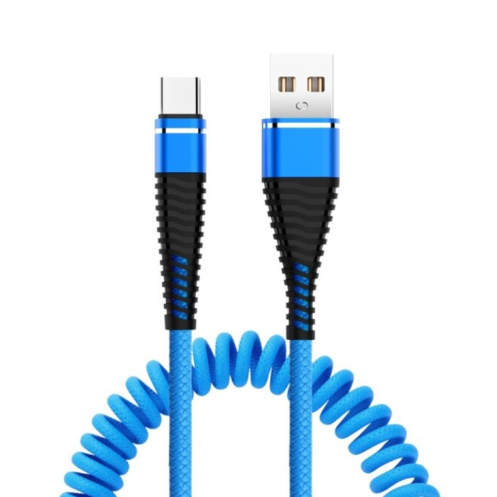 Cable de carga rizado USB-C - 2A Cable de datos de resorte en espiral Cable de cargador de 1,2 metros Azul