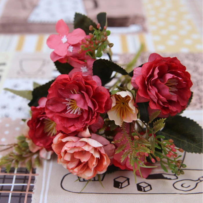 Bukiet Artystyczny - Jedwabne Róże Kwiaty Róży Luksusowe Bukiety Dekoracyjny Ornament Czerwony