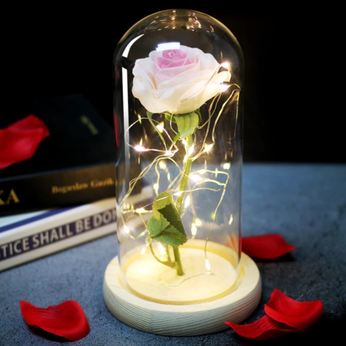 Art Rose en campana de vidrio con iluminación - Flores de rosas de seda Adorno de decoración de vidrio de lujo