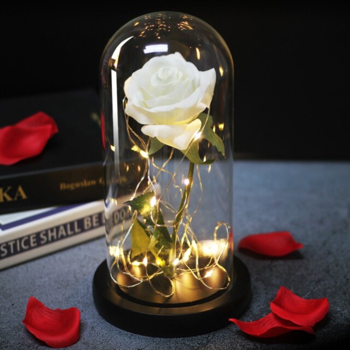 Art Rose in Glass Bell Jar with Lighting - Silk Roses Flowers Luxury Glass Decor Ornament