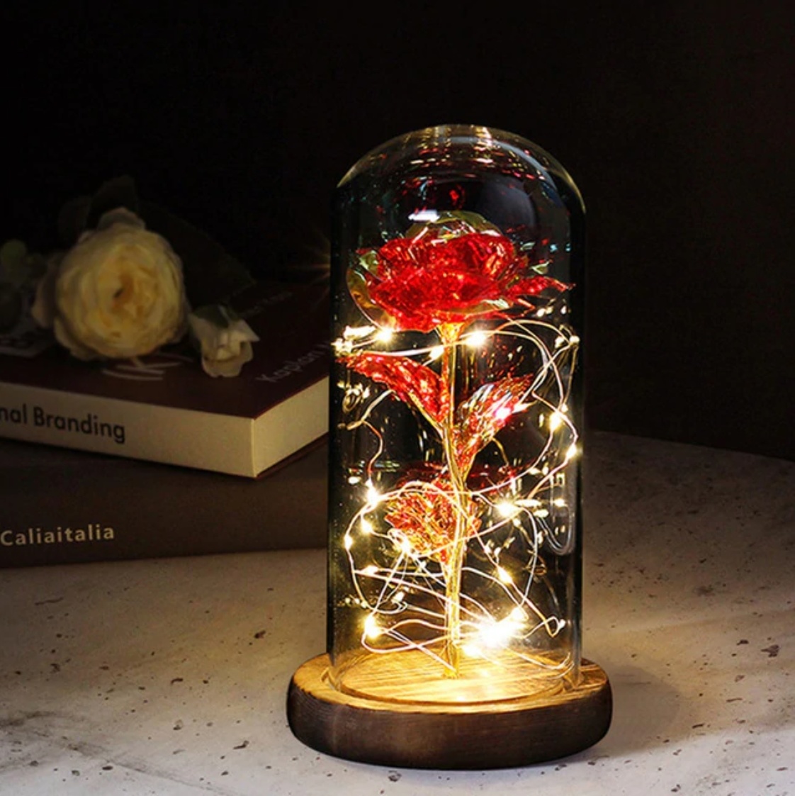 Kunst Roos in Glazen Stolp met Verlichting - Zijden Rozen Bloemen Luxe Glas Decor Ornament