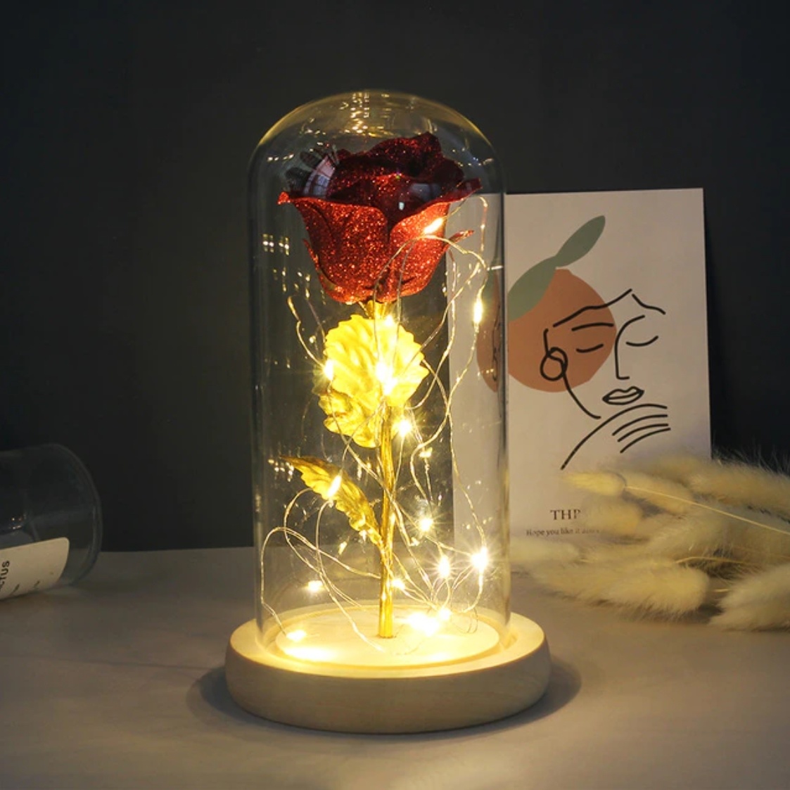 Kunst Roos in Glazen Stolp met Verlichting - Zijden Rozen Bloemen Luxe Glas Decor Ornament