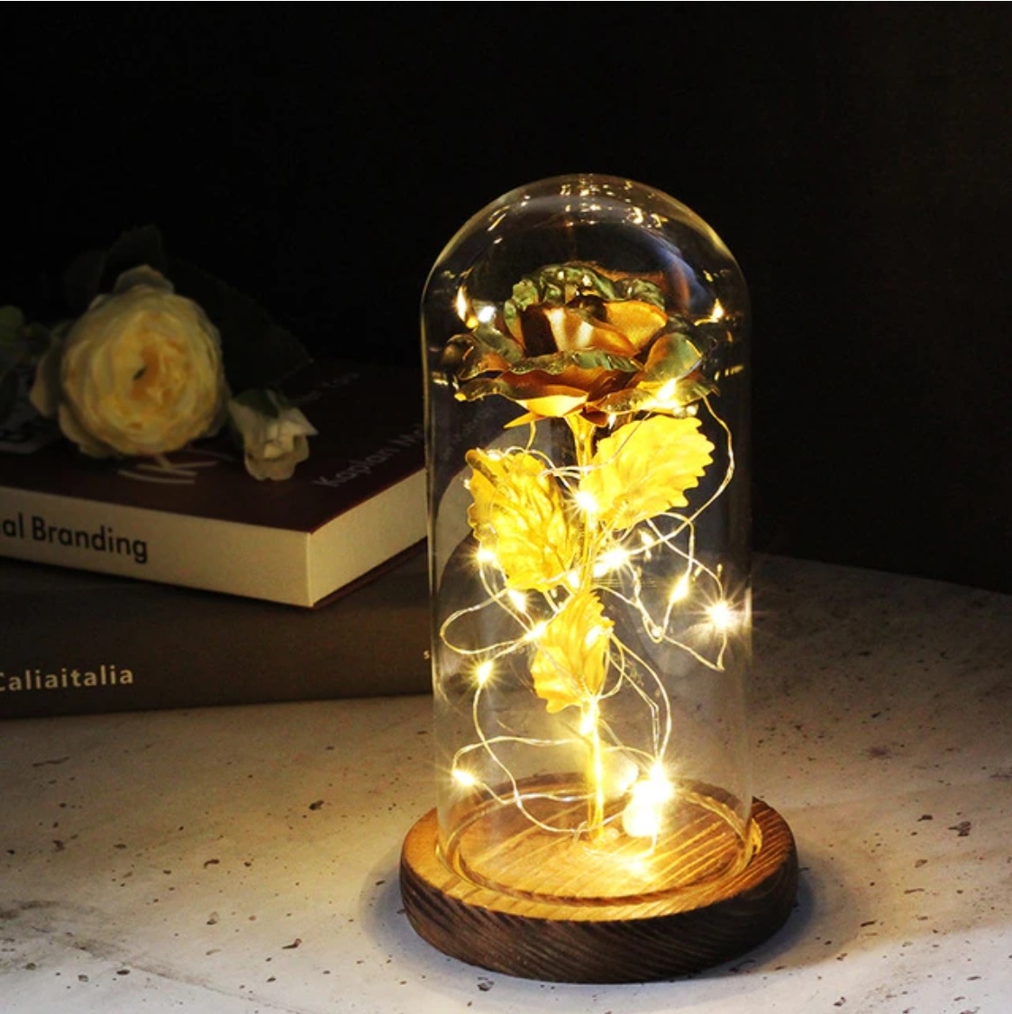 Kunst Roos in Glazen Stolp met Verlichting - Zijden Rozen Bloemen Luxe Glas Decor Ornament