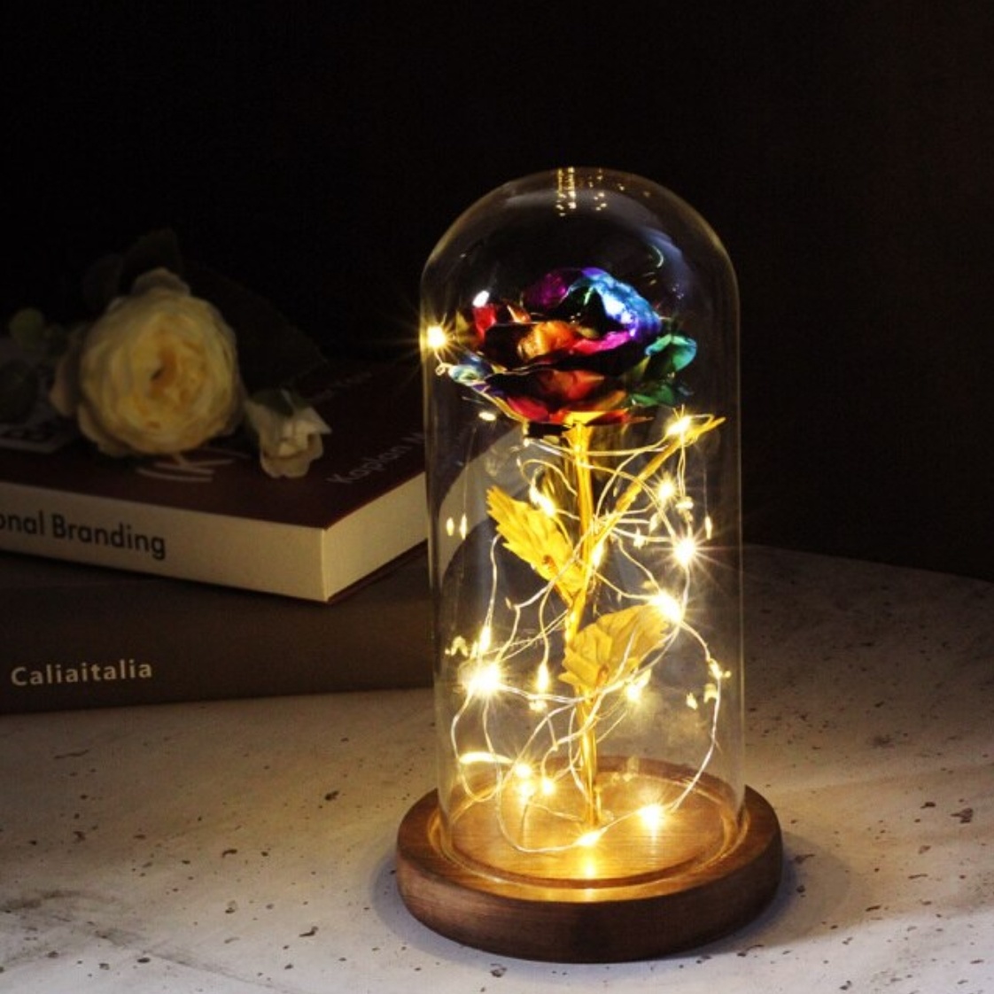 Kunst Roos in Glazen Stolp met Verlichting - Zijden Rozen Bloemen Luxe Glas Decor Ornament