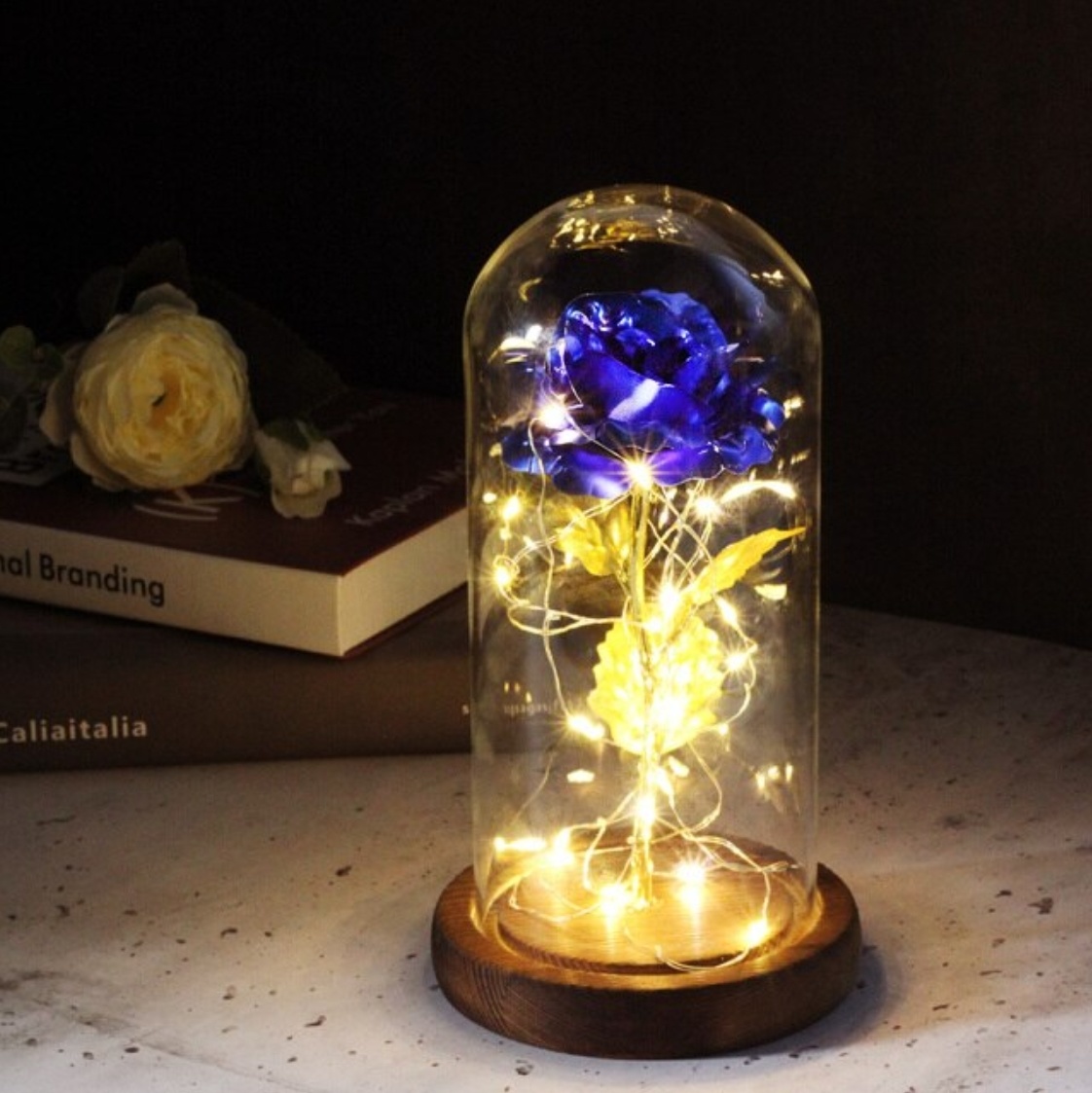 Art Rose in Glass Bell Jar with Lighting - Silk Roses Flowers Luxury Glass Decor Ornament