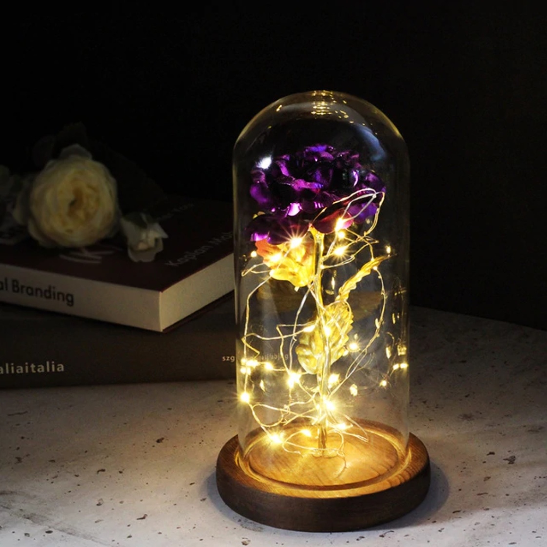 Art Rose in Glass Bell Jar with Lighting - Silk Roses Flowers Luxury Glass Decor Ornament