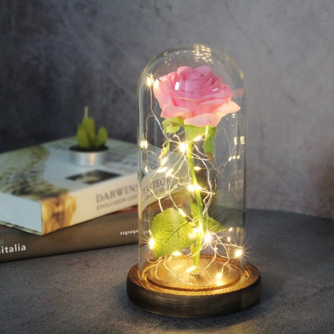 Art Rose in campana di vetro con illuminazione - Fiori di rose di seta Ornamento decorativo in vetro di lusso