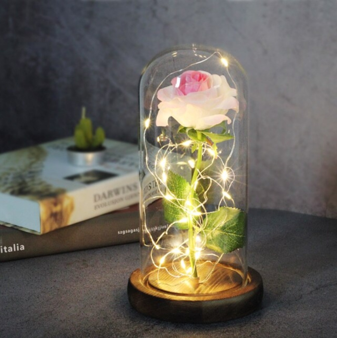 Kunst Roos in Glazen Stolp met Verlichting - Zijden Rozen Bloemen Luxe Glas Decor Ornament