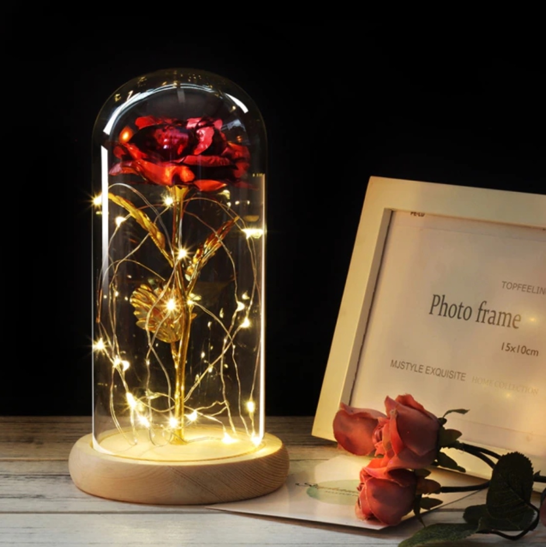 Kunst Roos in Glazen Stolp met Verlichting - Zijden Rozen Bloemen Luxe Glas Decor Ornament