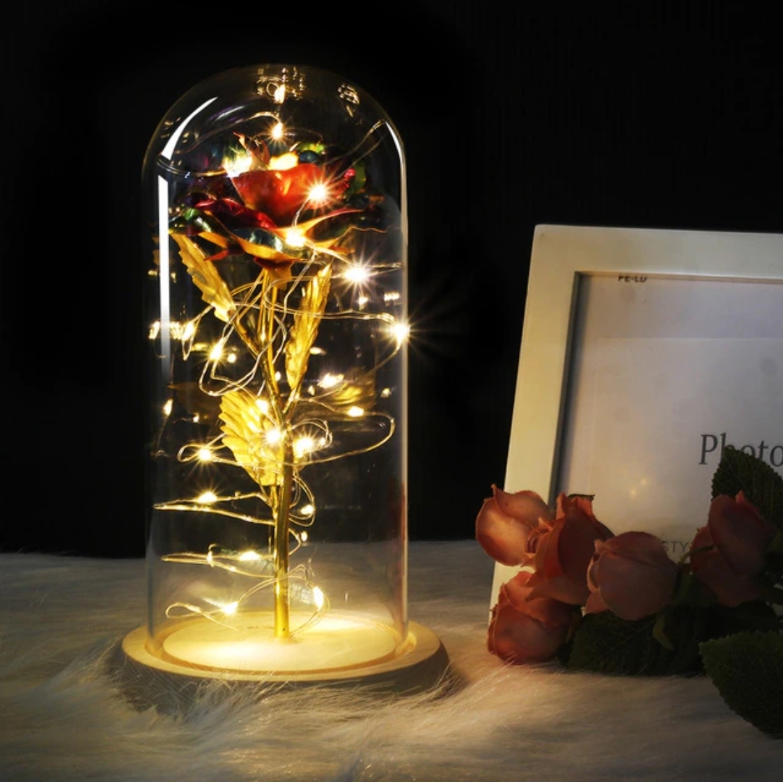 Kunst Roos in Glazen Stolp met Verlichting - Zijden Rozen Bloemen Luxe Glas Decor Ornament