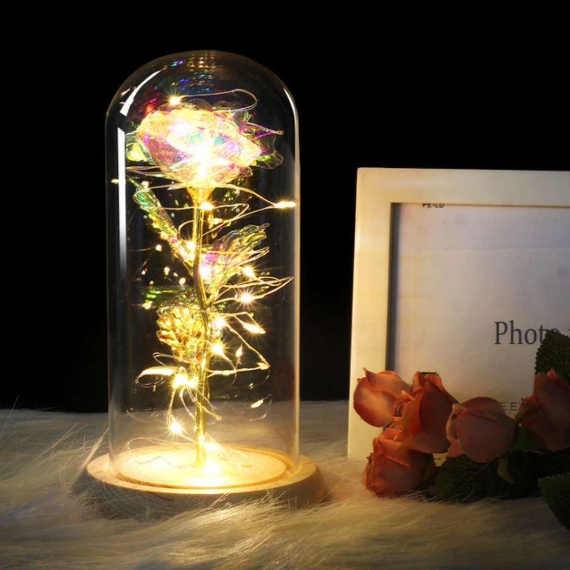 Kunst Roos in Glazen Stolp met Verlichting - Zijden Rozen Bloemen Luxe Glas Decor Ornament