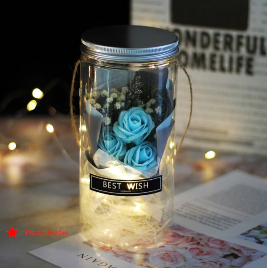 Art Rose in Glass Bell Jar with Lighting - Silk Roses Flowers Luxury Glass Decor Ornament