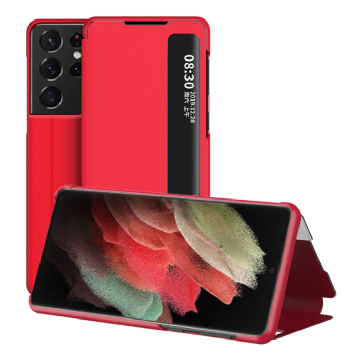 Stuff Certified® Smart View LED Flip Case Cover Carcasa Compatible con Samsung Galaxy A20 Rojo