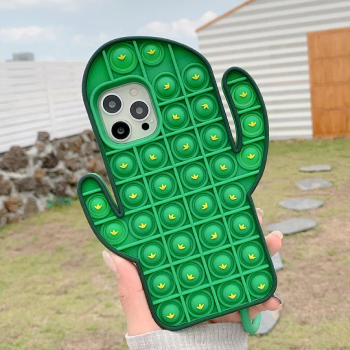 Coque iPhone 12 Pop It - Coque Silicone Bubble Toy Housse Anti Stress Cactus Vert