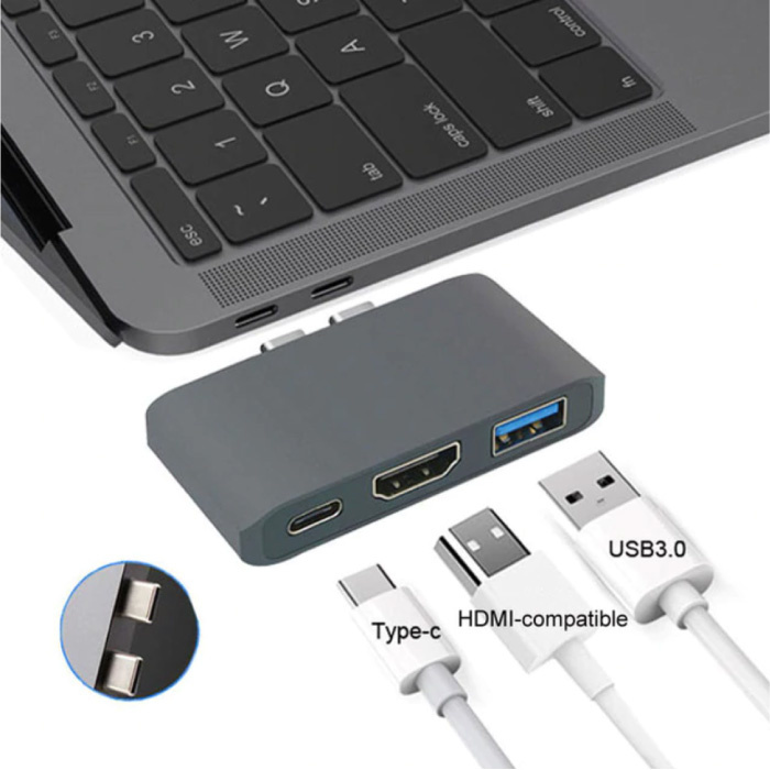 Hub USB-C 3 in 1 per Macbook Pro / Air - USB 3.0 / Tipo C / HDMI - Hub con 3 porte Splitter trasferimento dati 1000 Mbps Grigio