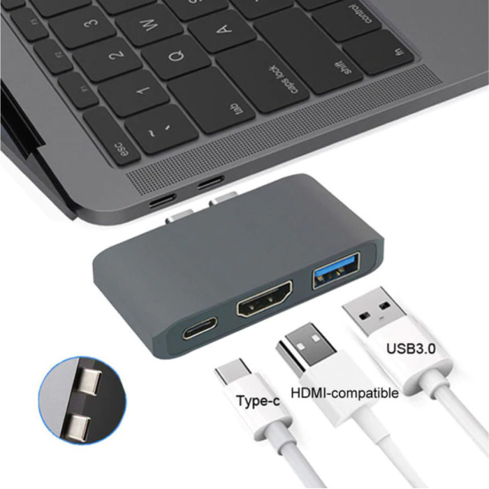 Koncentrator USB-C 3 w 1 do Macbooka Pro / Air - USB 3.0 / Type C / HDMI - Hub z 3 portami 1000 Mb / s Rozdzielacz transferu danych Szary