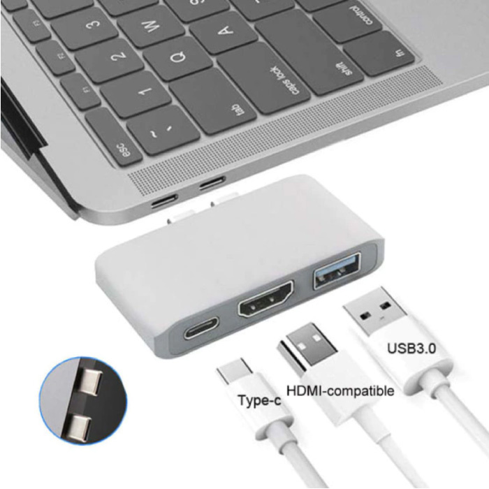 Hub USB-C 3 in 1 per Macbook Pro / Air - USB 3.0 / Tipo C / HDMI - Hub con 3 porte Splitter trasferimento dati 1000 Mbps Argento