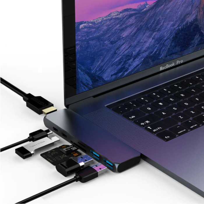 Mosible Concentrador USB-C 7 en 1 para Macbook Pro / Air - USB 3.0 / Tipo C / Micro-SD / SD - Divisor de transferencia de datos del concentrador Gris