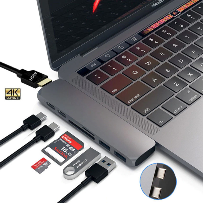 Hub USB-C 7 en 1 pour Macbook Pro / Air - USB 3.0 / Type C / Micro-SD / SD - Répartiteur de transfert de données Hub Gris