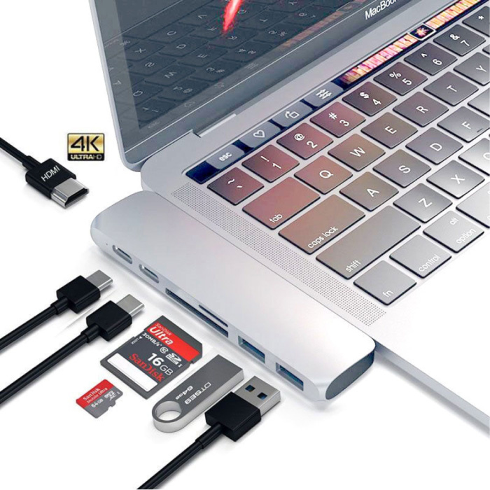 Hub USB-C 7 in 1 per Macbook Pro / Air - USB 3.0 / Tipo C / Micro-SD / SD - Splitter trasferimento dati hub Argento