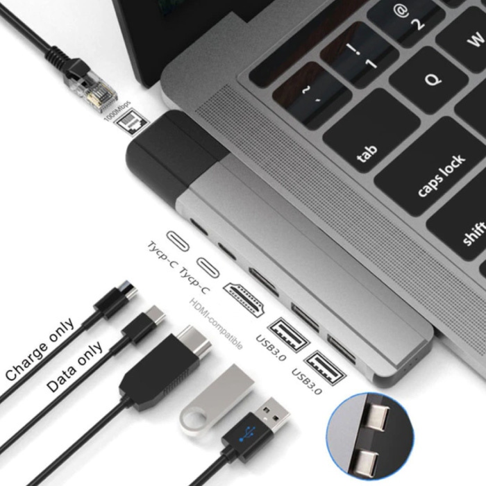 6 in 1 USB-C Hub voor Macbook Pro / Air - USB 3.0 / Type C / HDMI / Ethernet - RJ45 Hub Data Overdracht Splitter Grijs