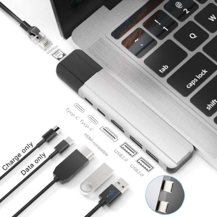 6 in 1 USB-C Hub voor Macbook Pro / Air - USB 3.0 / Type C / HDMI / Ethernet - RJ45 Hub Data Overdracht Splitter Zilver