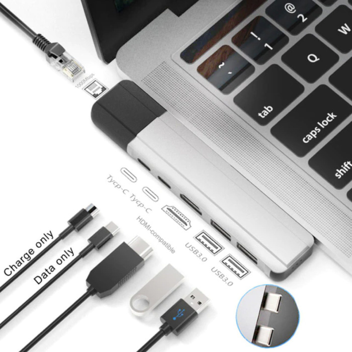 Hub USB-C 6 in 1 per Macbook Pro / Air - USB 3.0 / Tipo C / HDMI / Ethernet - Splitter trasferimento dati hub RJ45 Argento