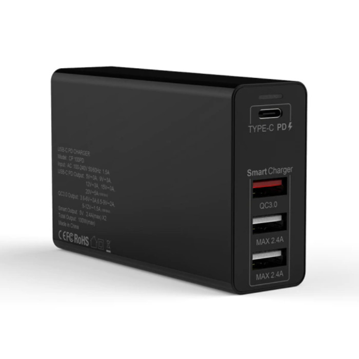 4-Port Oplaadstation - PD / QC3.0 / 2.4A - 100W Power Delivery USB Fast Charge - Oplader Muur Stekkerlader Wallcharger AC Thuislader Adapter Zwart
