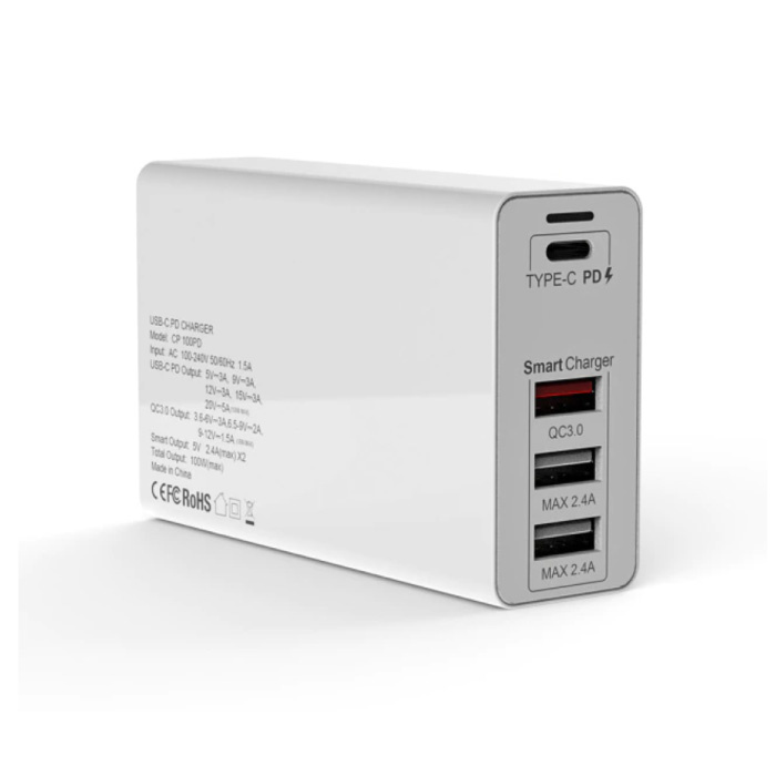 4-Port Charging Station - PD / QC3.0 / 2.4A - 100W Power Delivery USB Fast Charge - Charger Wall Plug Charger Wallcharger AC Home Charger Adapter White