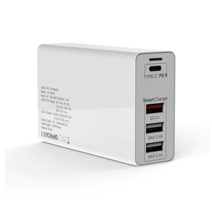 Estación de carga de 4 puertos - PD / QC3.0 / 2.4A - 100W Suministro de energía Carga rápida USB - Cargador Enchufe de pared Cargador Cargador de pared Adaptador de cargador de CA para el hogar Blanco