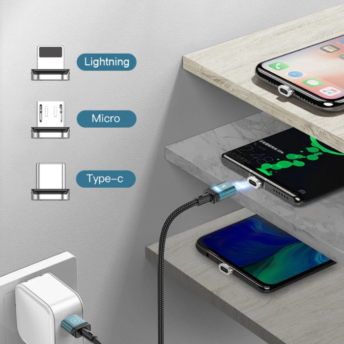 Kuulaa Cavo di ricarica magnetico per iPhone Lightning da 2 metri con luce a LED - Cavo dati per caricabatterie in nylon intrecciato a ricarica rapida 3A Android viola