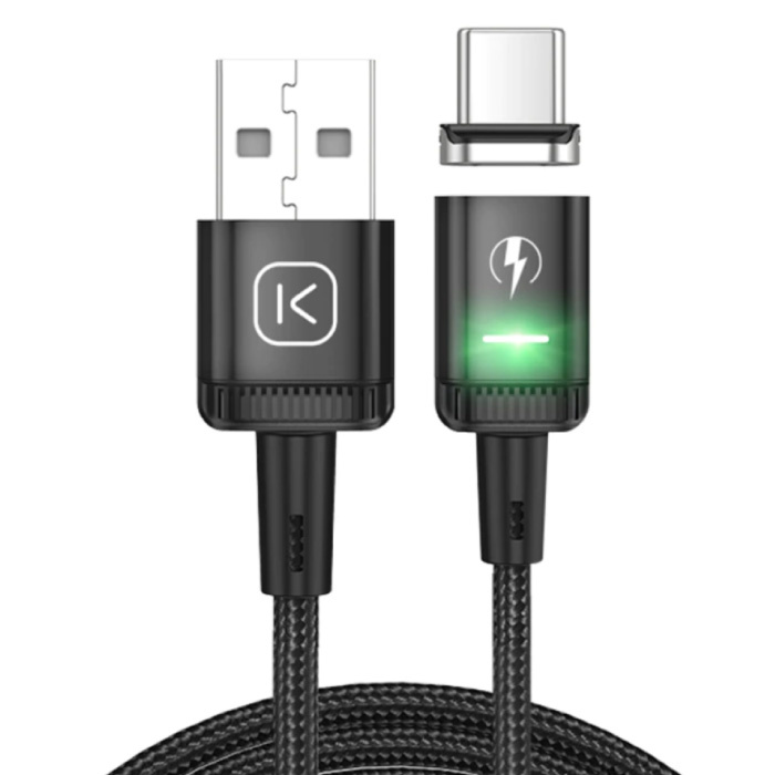 Cable de carga magnético USB-C de 2 metros con luz LED - Cable de datos de cargador de nylon trenzado de carga rápida 3A Android Negro