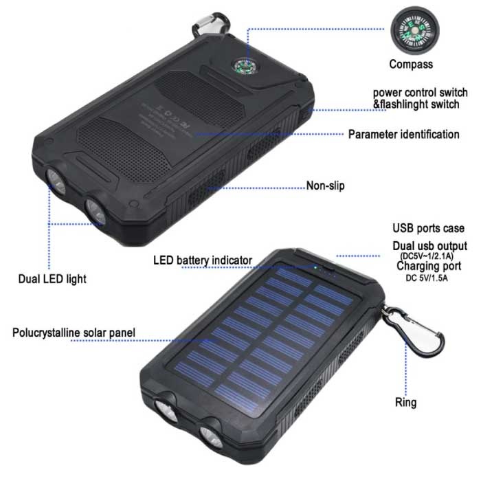 Cargador Solar Power Bank Portatil Usb Impermeable Linterna