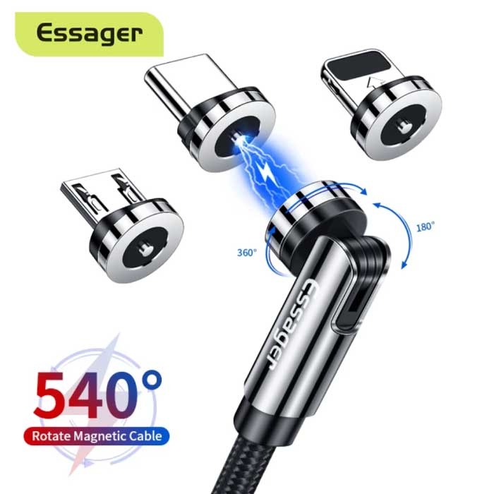 Essager Magnetyczny kabel ładujący Micro USB 1 metr z wtyczką obrotową 540° - Kabel do transmisji danych w oplocie z nylonu 2,4 A z szybkim ładowaniem Szary