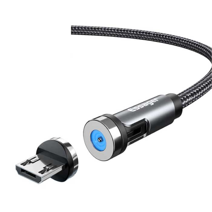 Câble de charge magnétique micro USB 1 mètre avec prise rotative à 540° - Câble de données pour chargeur en nylon tressé à charge rapide 2,4 A Gris